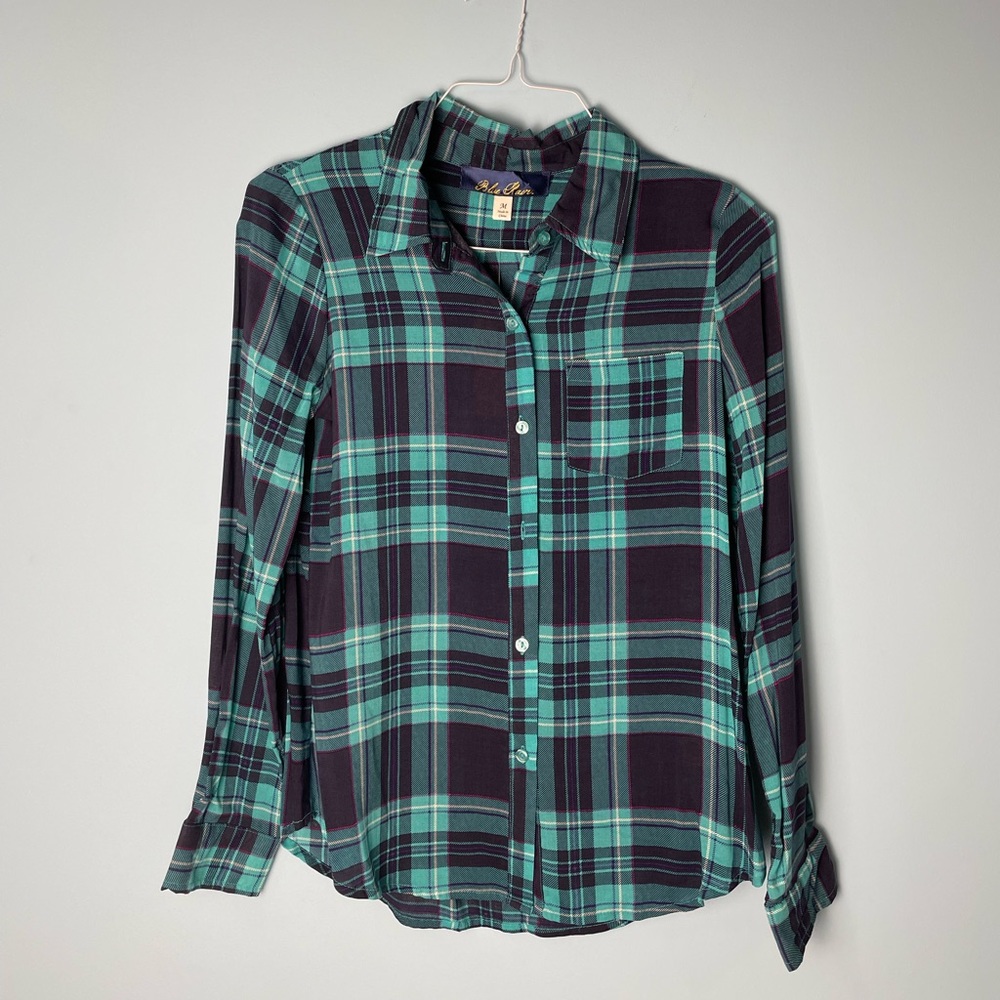Francesca’s Blue Rain Teal Plaid Button Down Shirt